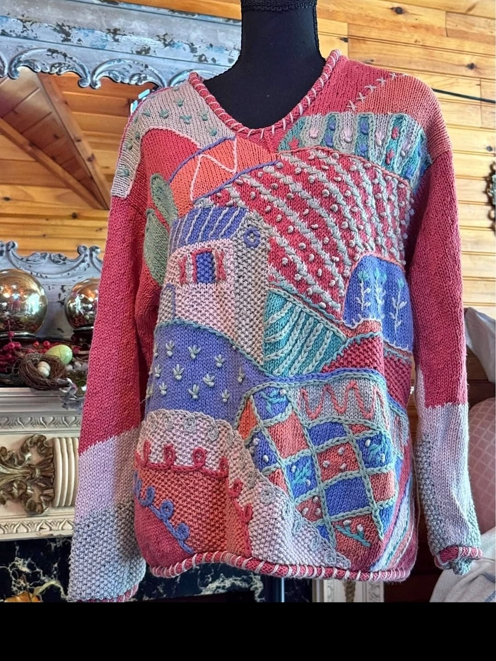 Sigrid Olsen Multicolor Patchwork V-Neck Sweater — Red, Blue, Pink, Cream, Gray